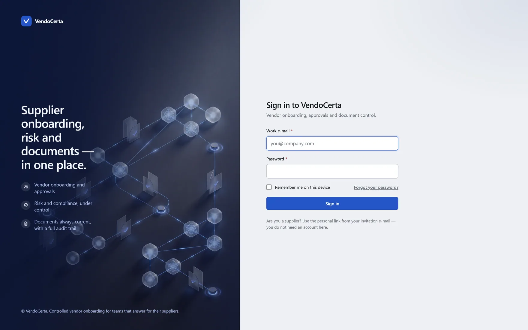 The sign-in screen, with the navy panel VendoCerta puts beside its sign-in form.
