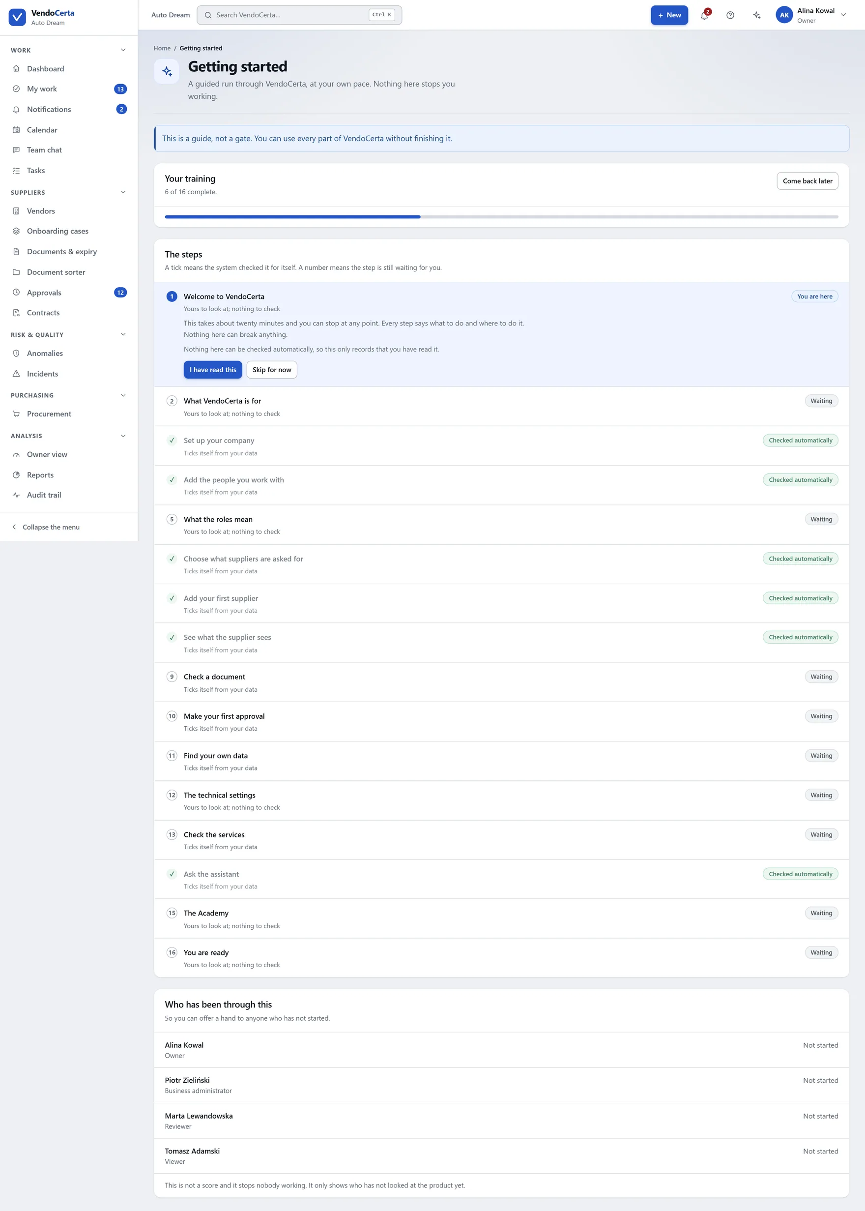 The Getting started screen: a guided run through VendoCerta at your own pace, with a progress bar and a list of steps, some of which the installation ticks off for you automatically.