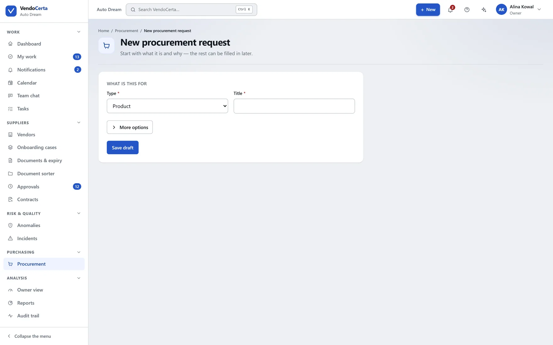 Raising a new procurement intake request.