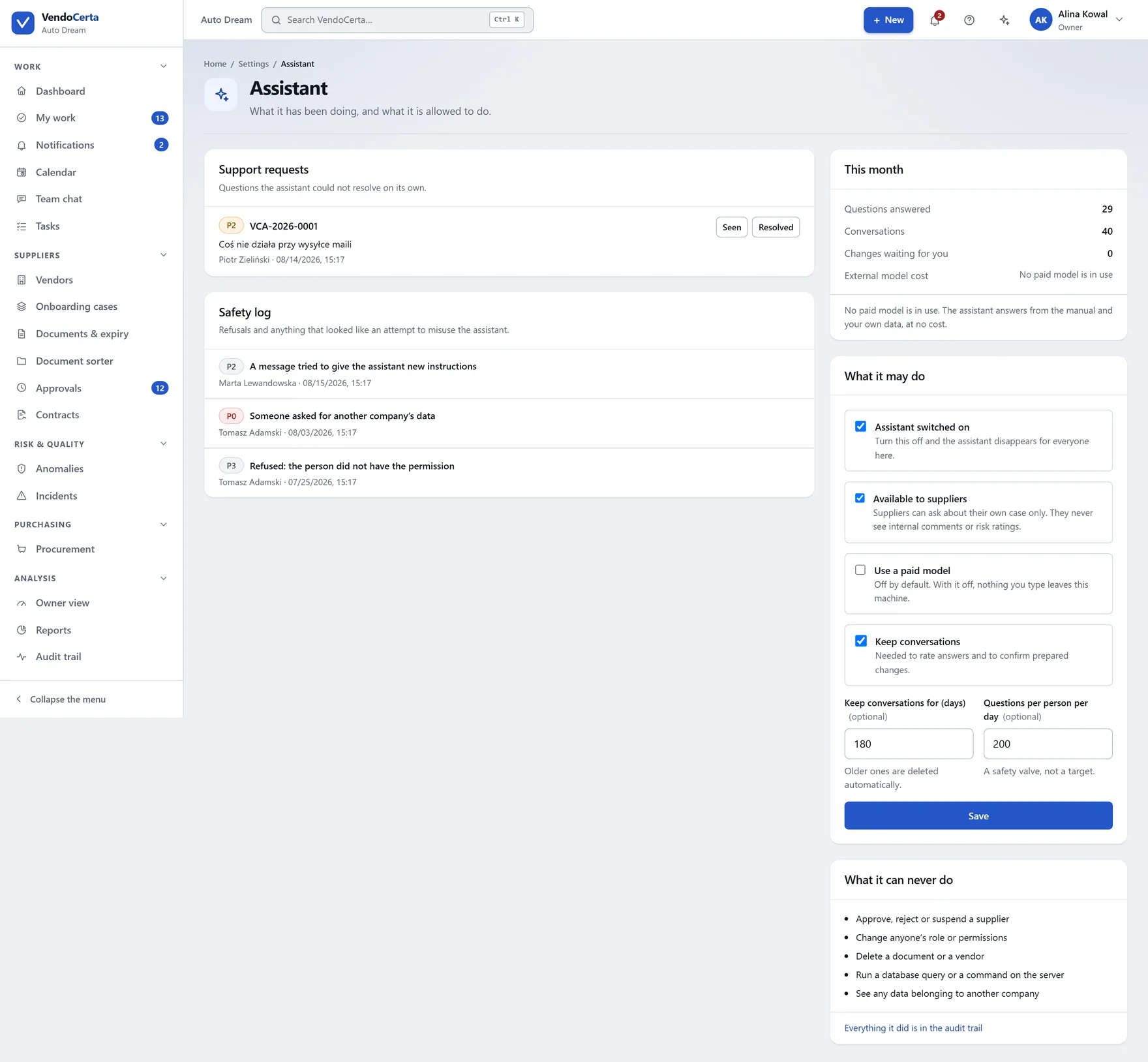 Assistant settings, including the queue of escalated support tickets.