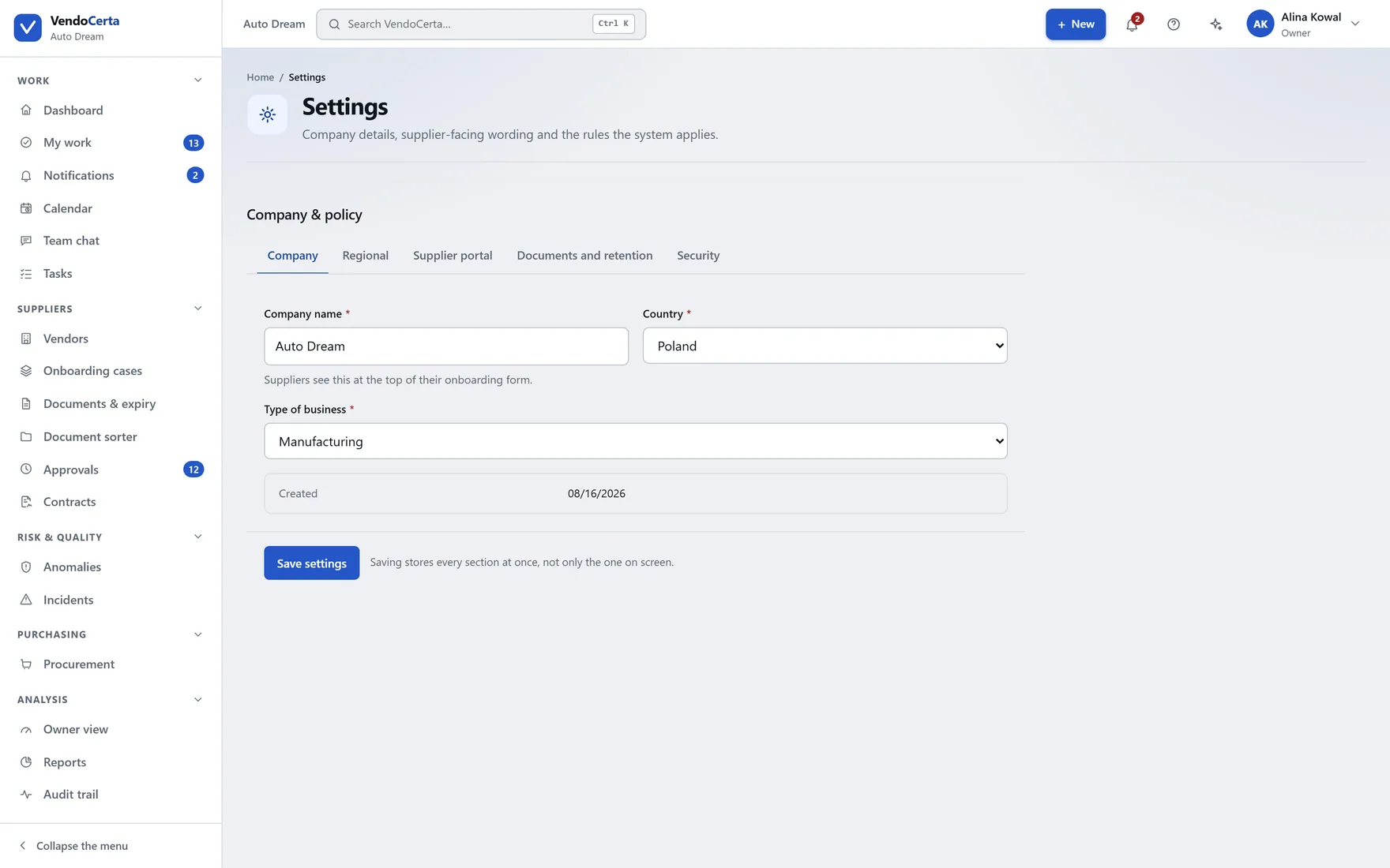 Company settings: name, support address, welcome message and defaults for new suppliers.