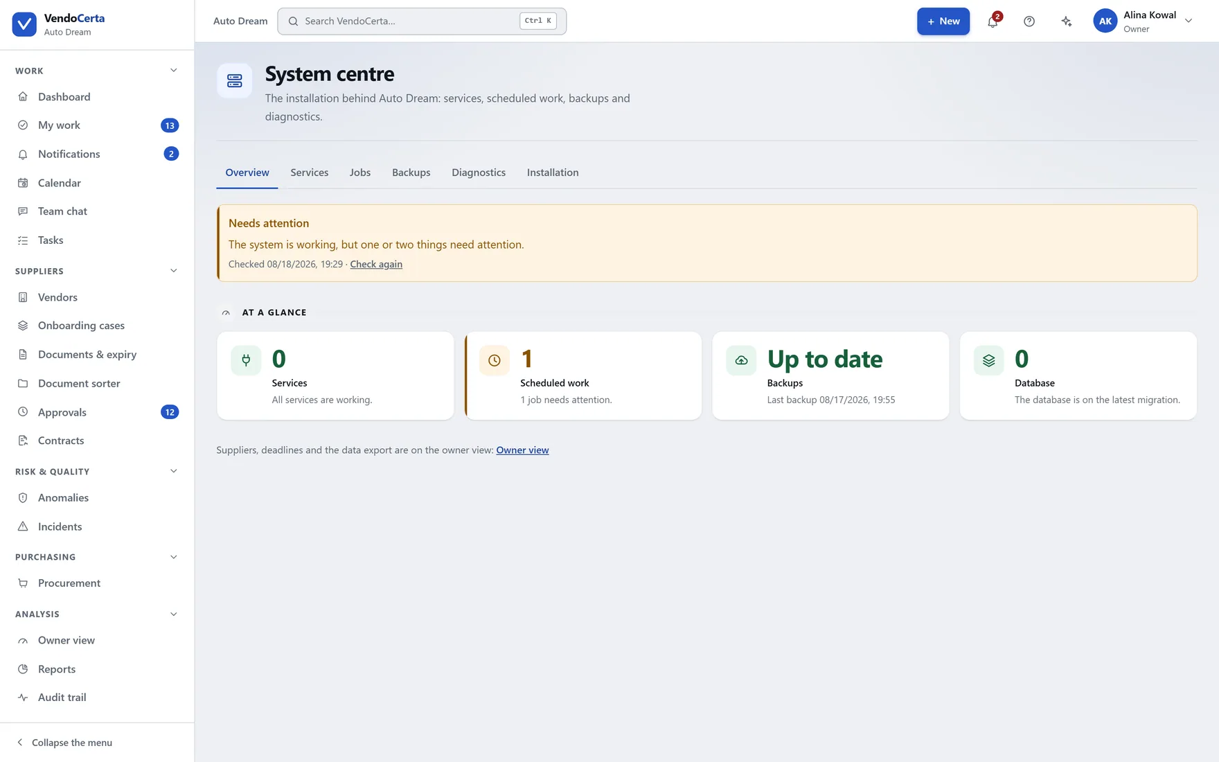 The system centre: services, backups, background jobs, diagnostics and version — deliberately separate from the business screens.