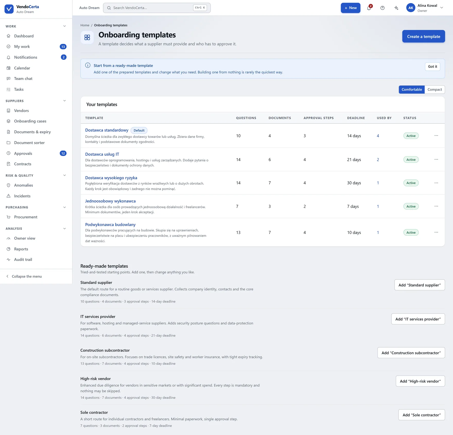 Onboarding templates — the scenarios deciding which questions a supplier is asked, which documents are required, and who approves in what order.
