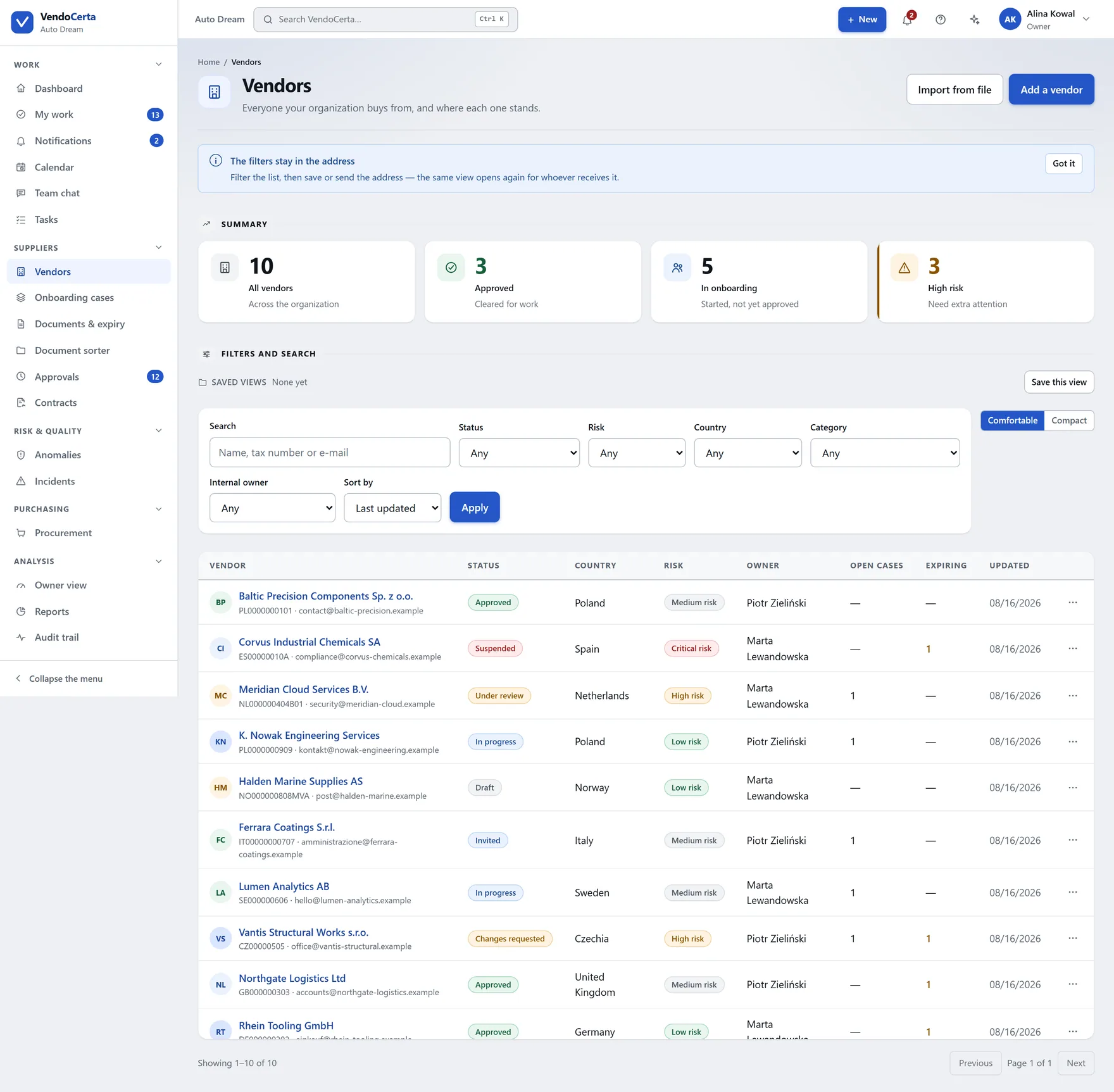 The Vendors screen: summary tiles for all vendors, approved, in onboarding and high risk, above a filterable table of suppliers with status, risk level, country and internal owner.