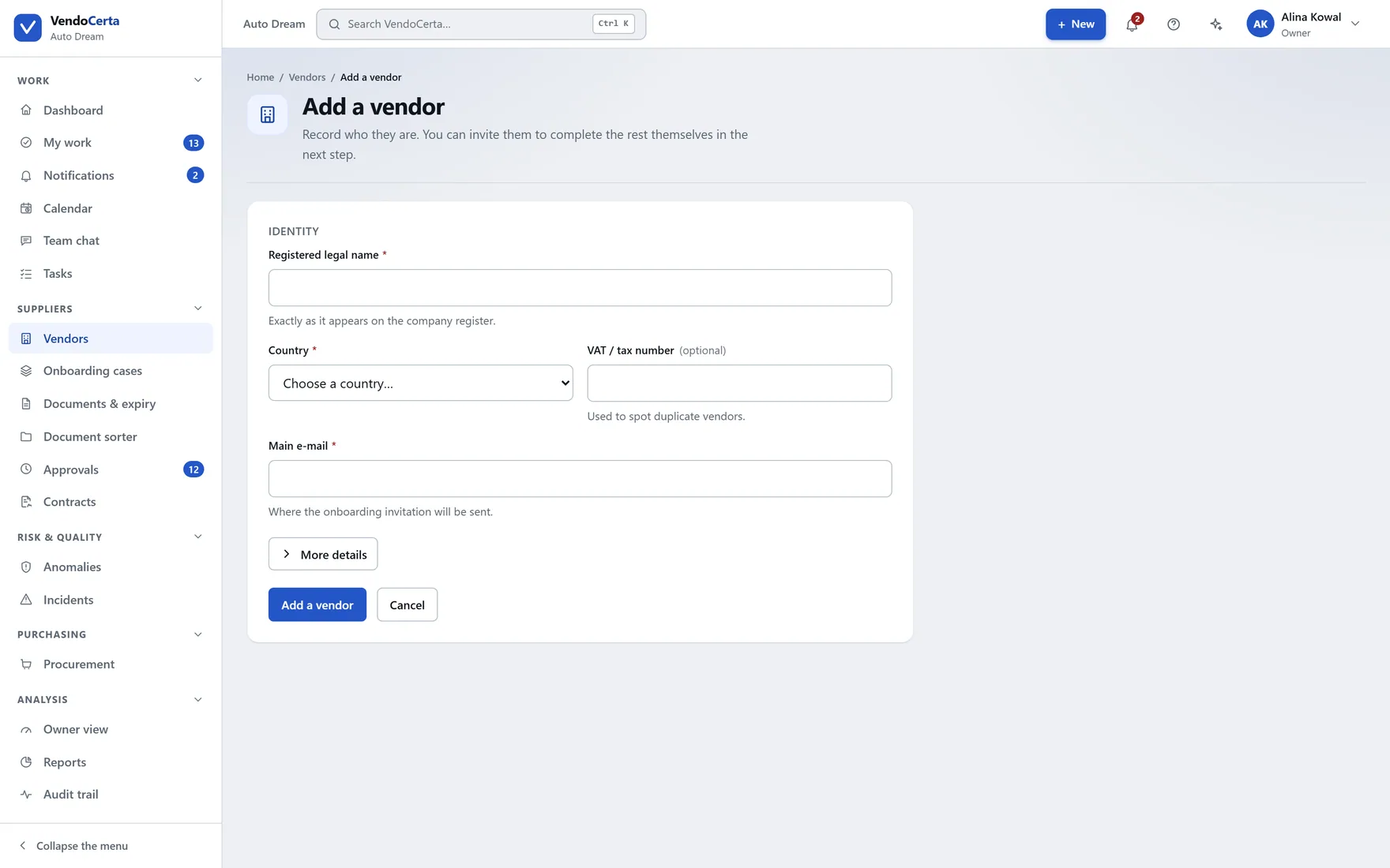 The form for adding a new supplier to the register.