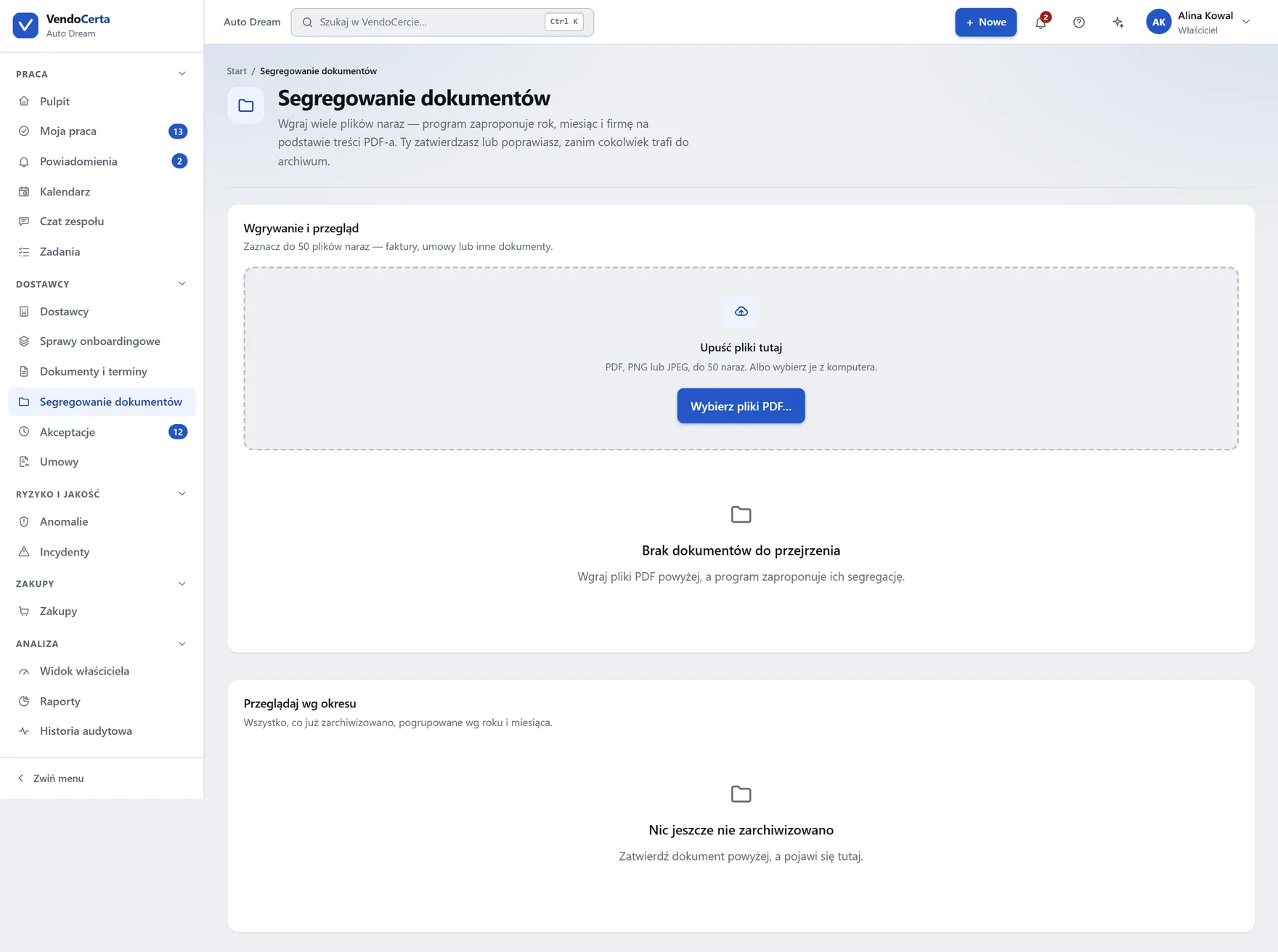 Sorter dokumentów, do przypisywania przychodzących plików do dostawcy i wymogu, którego dotyczą.
