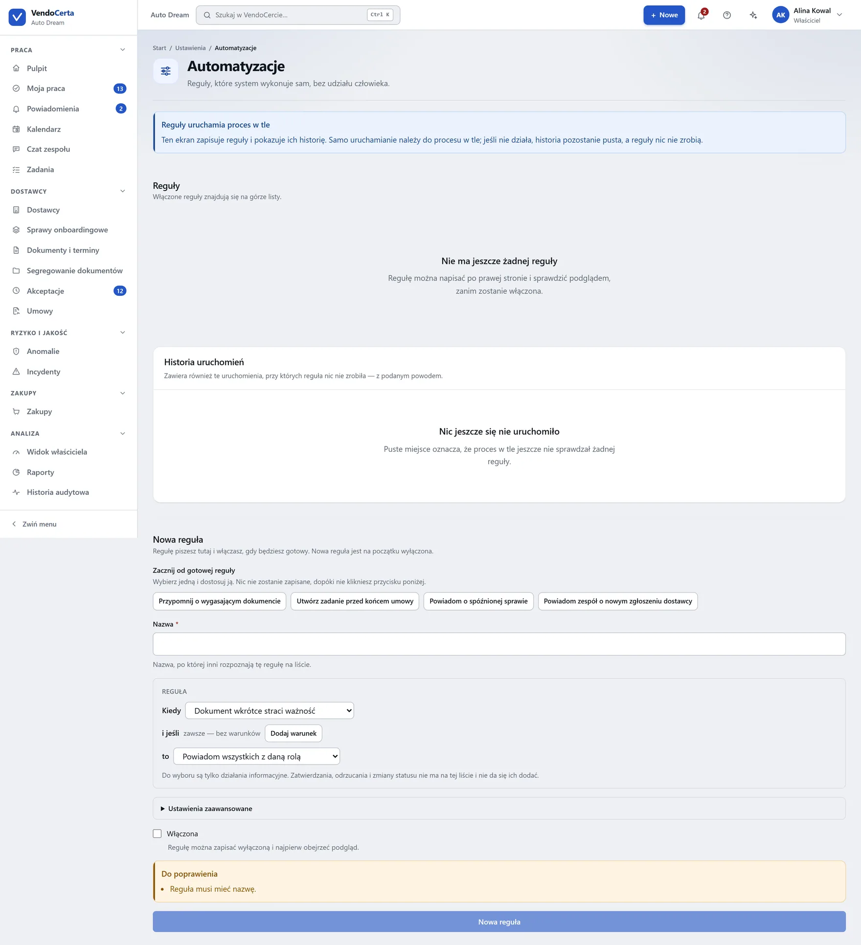 Automatyzacje, dostępne jako podgląd.